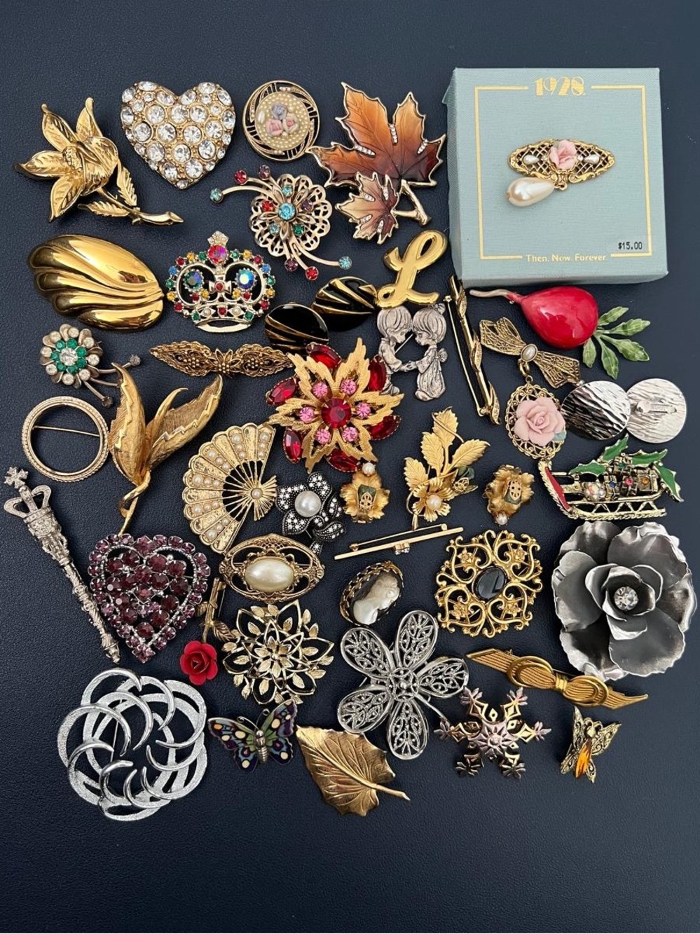 Assorted Vintage to Modern Brooches and Earrings Set - Multi-Color Lot Bundle